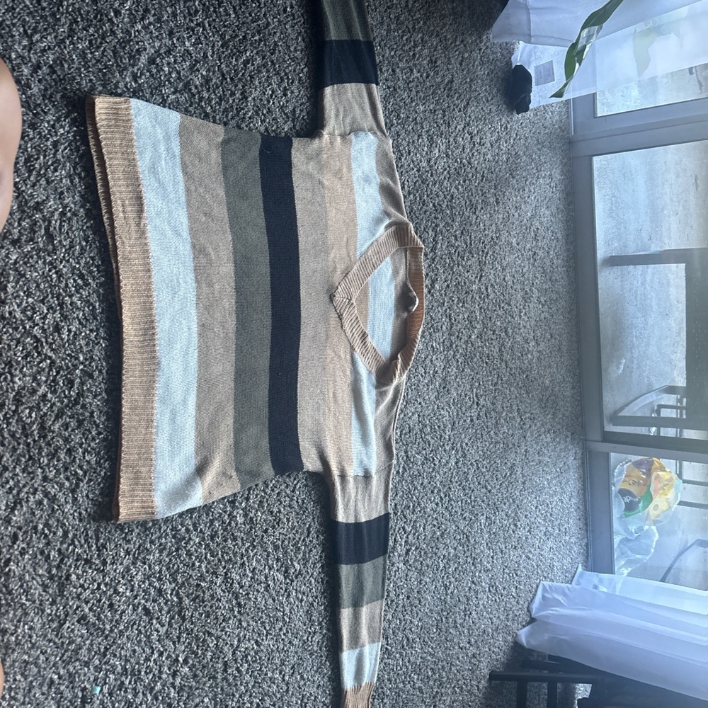 SHEIN V-Neck Striped Sweater - Tan, Black, Gray